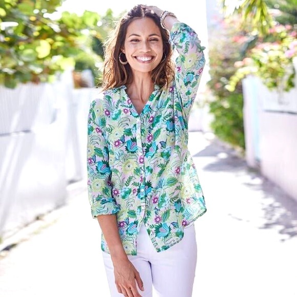 J.Jill Jasmine Whimsical Blooms Floral Cotton Silk Button Down Blouse - Picture 9 of 9